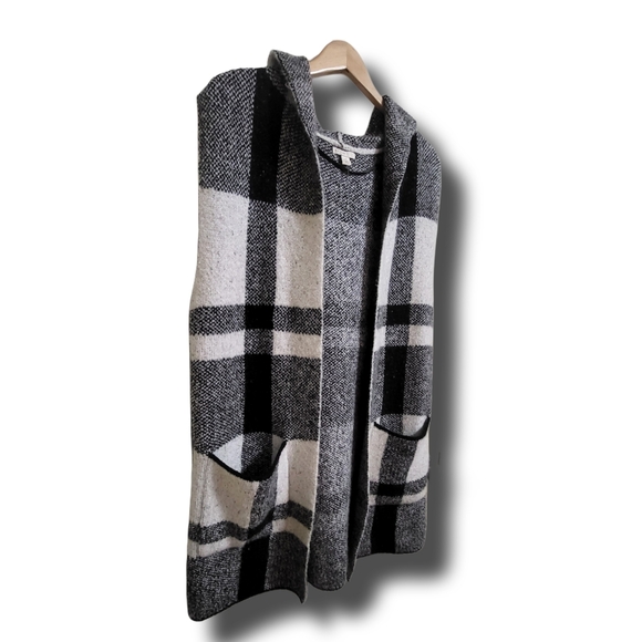 🌿Est 1946 Women's Medium Black White Buffalo Plaid Sleeveless Hooded Cardigan - Picture 7 of 13